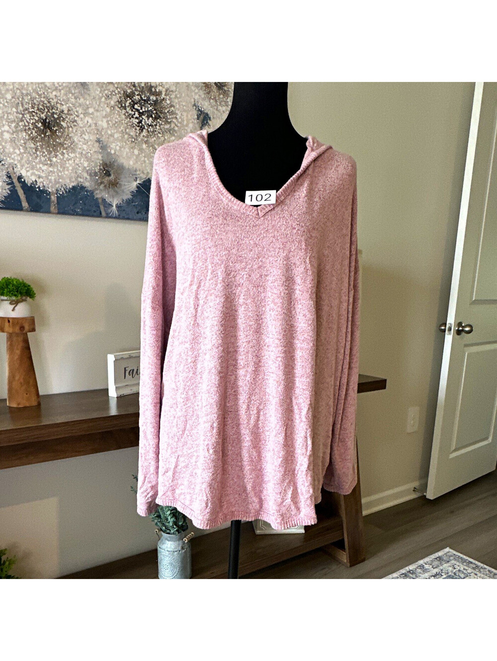 Cupid Woman Lightweight V-Neck Pullover Hoodie Lace Accent Pink Size S